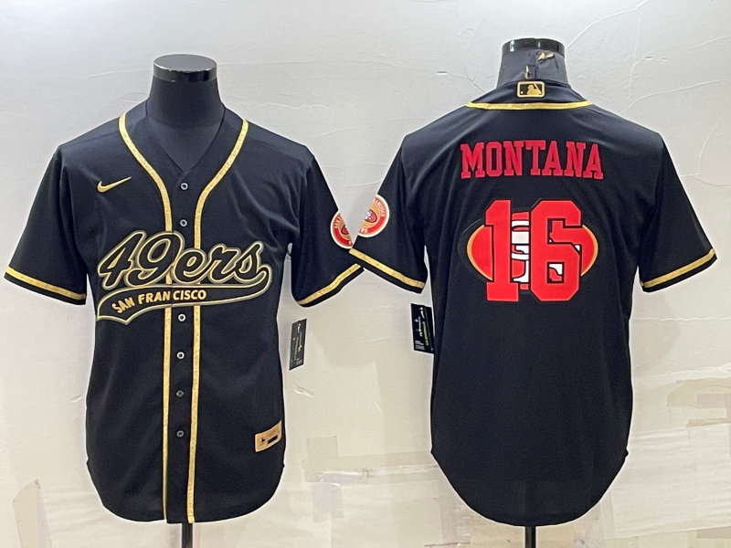 Men's San Francisco 49ers #16 Joe Montana Black Gold Team Big Logo With Patch Cool Base Stitched Baseball Jersey Men's San Francisco 49ers #16 Joe Montana Black Gold Team Big Logo With Patch Cool Base Stitched Baseball Jersey